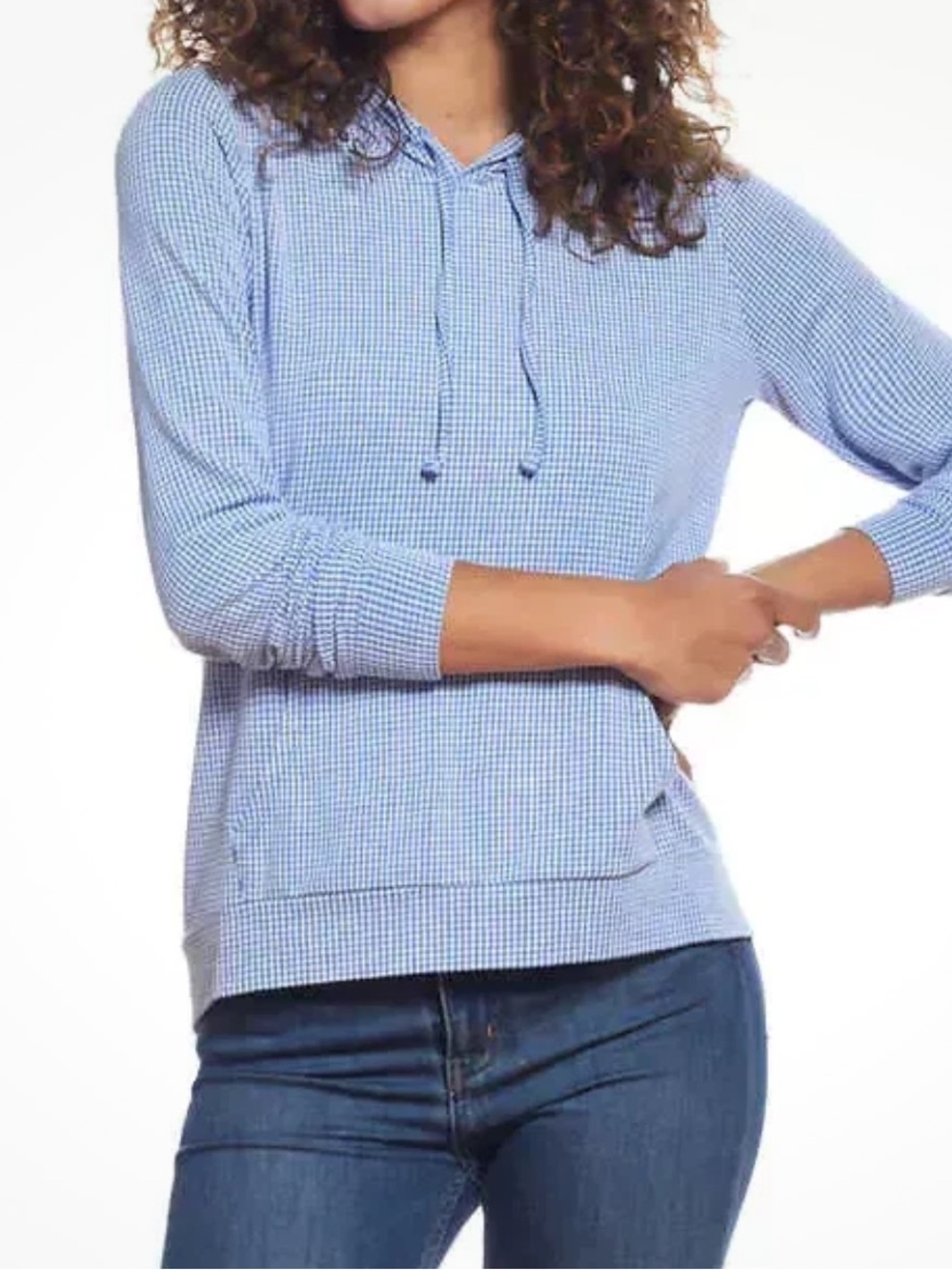 Blue and White Gingham Lightweight Hooded High-Low Jacket